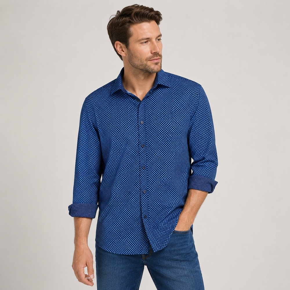 Society of Threads Button Down Mens L Blue Slim Fit Geometric Print Shirt